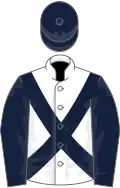 White, dark blue cross belts, sleeves and cap