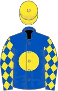 Royal Blue, Yellow disc, diamonds on sleeves, Yellow cap