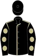Black, beige seams, black sleeves, beige spots, black cap