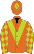Orange, lime green chevron, diamonds on sleeves and diamond on cap