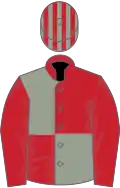 Geranium red and French grey (quartered), red sleeves, striped cap