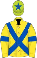 Yellow, royal blue cross belts and armlets, lime green cap, royal blue star