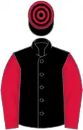 Black, crimson sleeves, hooped cap