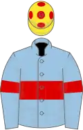 Light blue, red hoop, red armlet, yellow cap, red spots