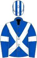 Dark blue, white cross-belts and armlets, striped cap