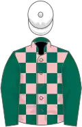 Dark green and pink check, dark green sleeves, white cap