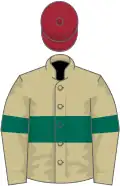 Beige, dark green hoop and armlets, maroon cap