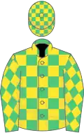 Emerald green and yellow check, diamonds on sleeves, check cap