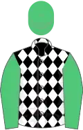 Black and white diamonds, emerald green sleeves and cap