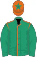 Emerald green, orange seams, orange cap, emerald green star