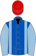 Royal blue, light blue braces and sleeves, red cap