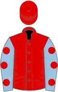 Red, light blue sleeves, red spots, red cap