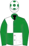 Green and white quartered, green sleeves, white cap, green spots