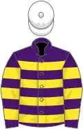 Purple and yellow hoops, white cap