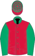 Crimson, jade green sleeves and collar, hooped cap