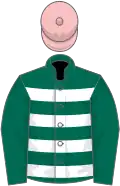 Dark green, white hoops, dark green sleeves, pink cap
