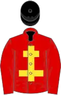 Red, yellow cross of lorraine, black cap