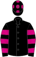 Black, cerise hooped sleeves and spots on cap