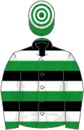 Green, black and white hoops, green and white hooped cap