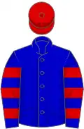 Blue, red hooped sleeves, red cap