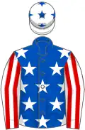 Royal blue, white stars, red and white striped sleeves, white cap, royal blue stars