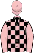 Pink and black checked, pink sleeves, black seams, pink cap