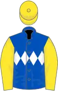 Royal blue, white triple diamond, yellow sleeves and cap