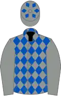 Grey and royal blue diamonds, grey sleeves