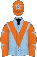 Light Blue, orange chevron, orange sleeves, light blue stars, orange cap, light blue star