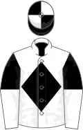 White, black diamond, black and white halved sleeves, black and white quartered cap