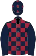 Dark blue and maroon check, dark blue sleeves, maroon stars on cap
