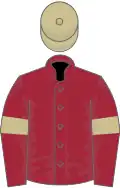 Maroon, beige armlets, beige cap