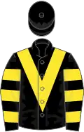 Black, yellow chevron, hooped sleeves, black cap