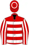 Red, white hoops, striped sleeves, hoop on cap