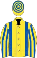 Yellow, royal blue braces, striped sleeves, hooped cap