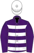 Purple, white hoops, purple sleeves, white cap