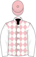 Pink and white diamonds, white sleeves, pink cap