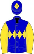 Blue, yellow triple diamond, yellow sleeves, blue cap, yellow diamond