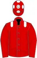 Red, white epaulettes, red sleeves, red cap, white spots