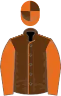 Brown, orange seams, orange sleeves, orange and brown quartered cap