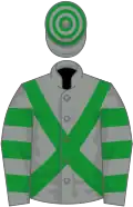 Grey, green cross belts, hooped sleeves and cap