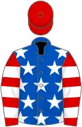 Royal blue, white stars, red and white hooped sleeves, red cap