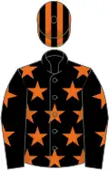 Black, orange stars, orange and black striped cap