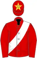 Red, white belt, red sleeves, red cap, yellow star