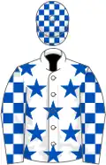 White, royal blue stars, check sleeves and cap