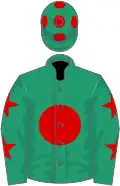 Emerald green, red disc, emerald green sleeves, red stars, emerald green cap, red spots