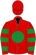 Red, green disc, red sleeves, green hooped, red cap