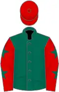 Dark green, red sleeves, dark green stars, red cap