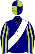 Navy, white sash, lime green striped sleeves and quartered cap