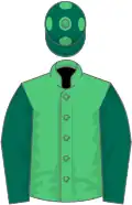Emerald green, dark green sleeves, dark green cap, emerald green spots